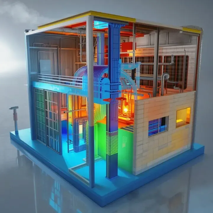 Cutaway 3D model of a modern house with visible ducts and colorful airflow lighting