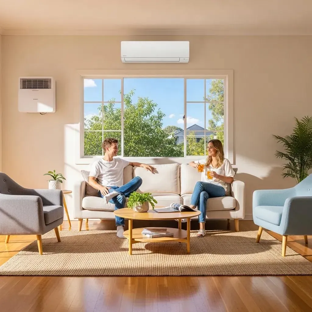 Modern air conditioning unit and ductless mini-split in a bright living room, illustrating home cooling options