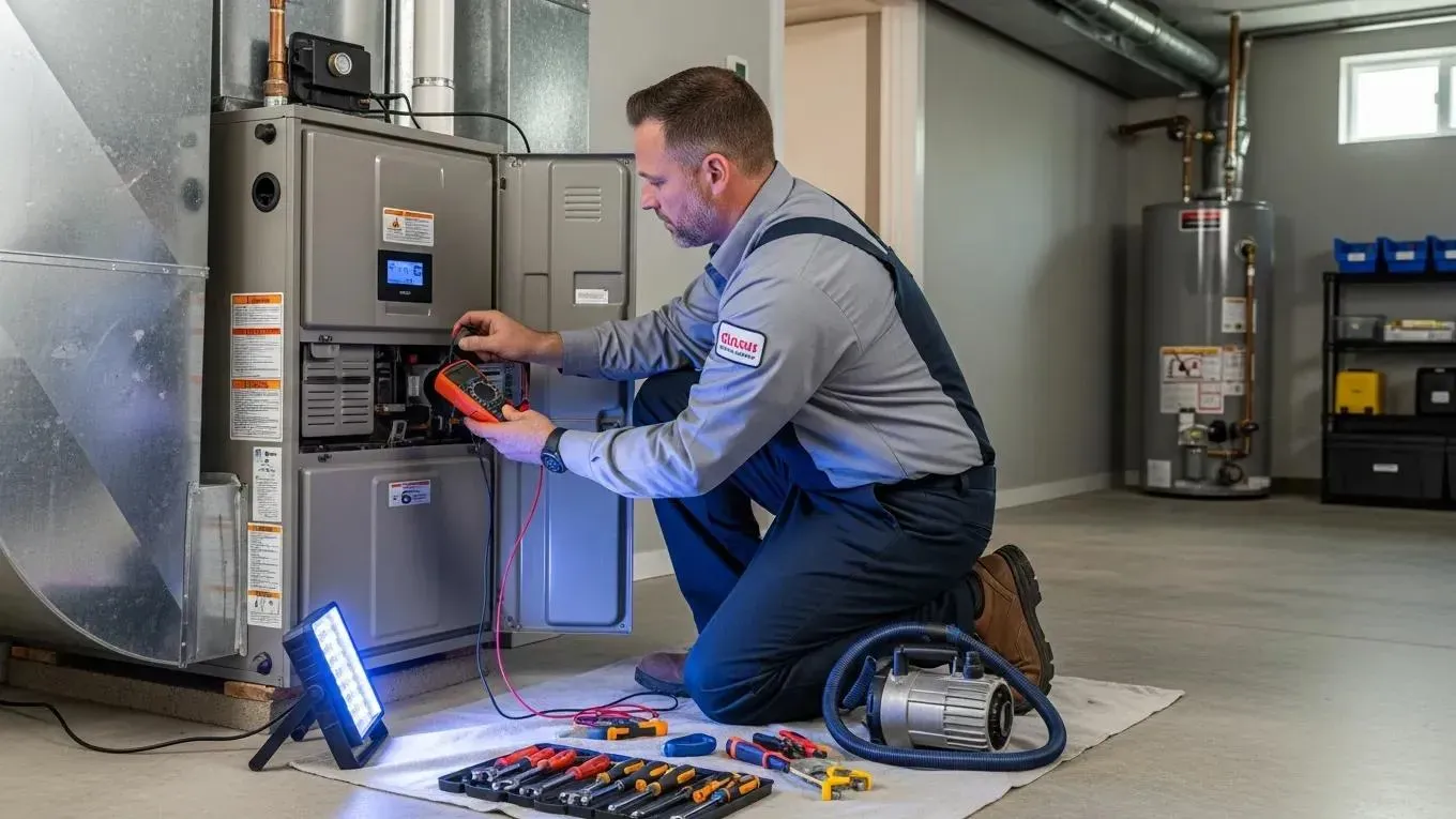 Modern HVAC system installation with a technician ensuring optimal performance in a residential setting