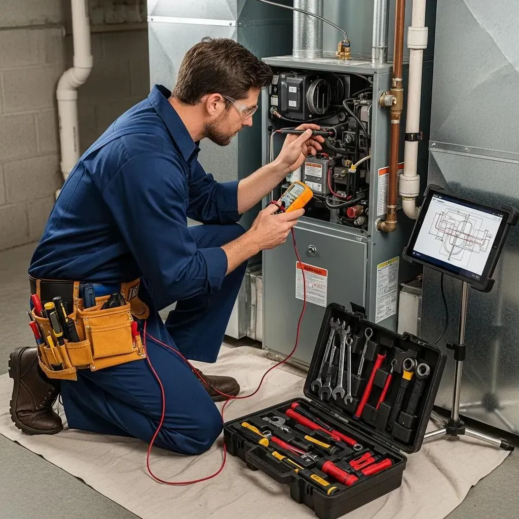 Technician inspecting a furnace, illustrating critical heating system failures and the need for emergency repairs