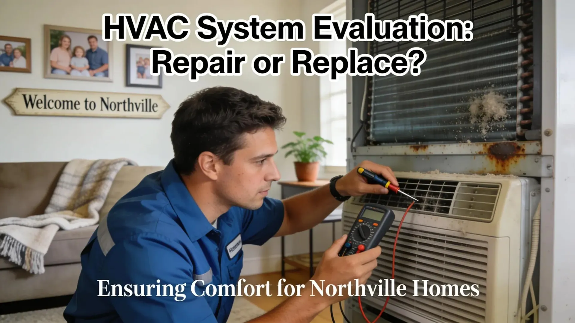 HVAC technician inspecting an older air conditioning system to help Northville homeowners decide
