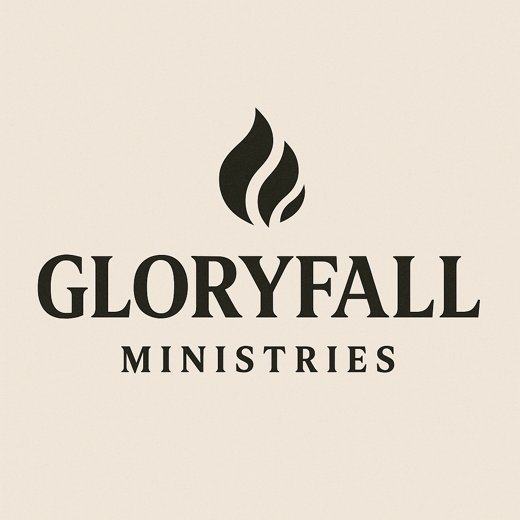 Logo for Gloryfall Ministries, featuring a flame icon above the name in dark text.