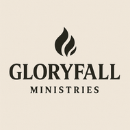 Logo for Gloryfall Ministries, featuring a flame icon above the name in dark text.
