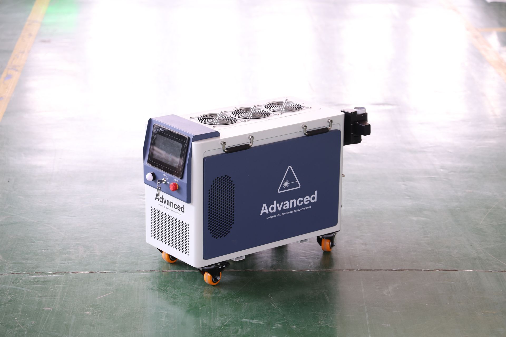 White and navy industrial laser machine on wheels, 