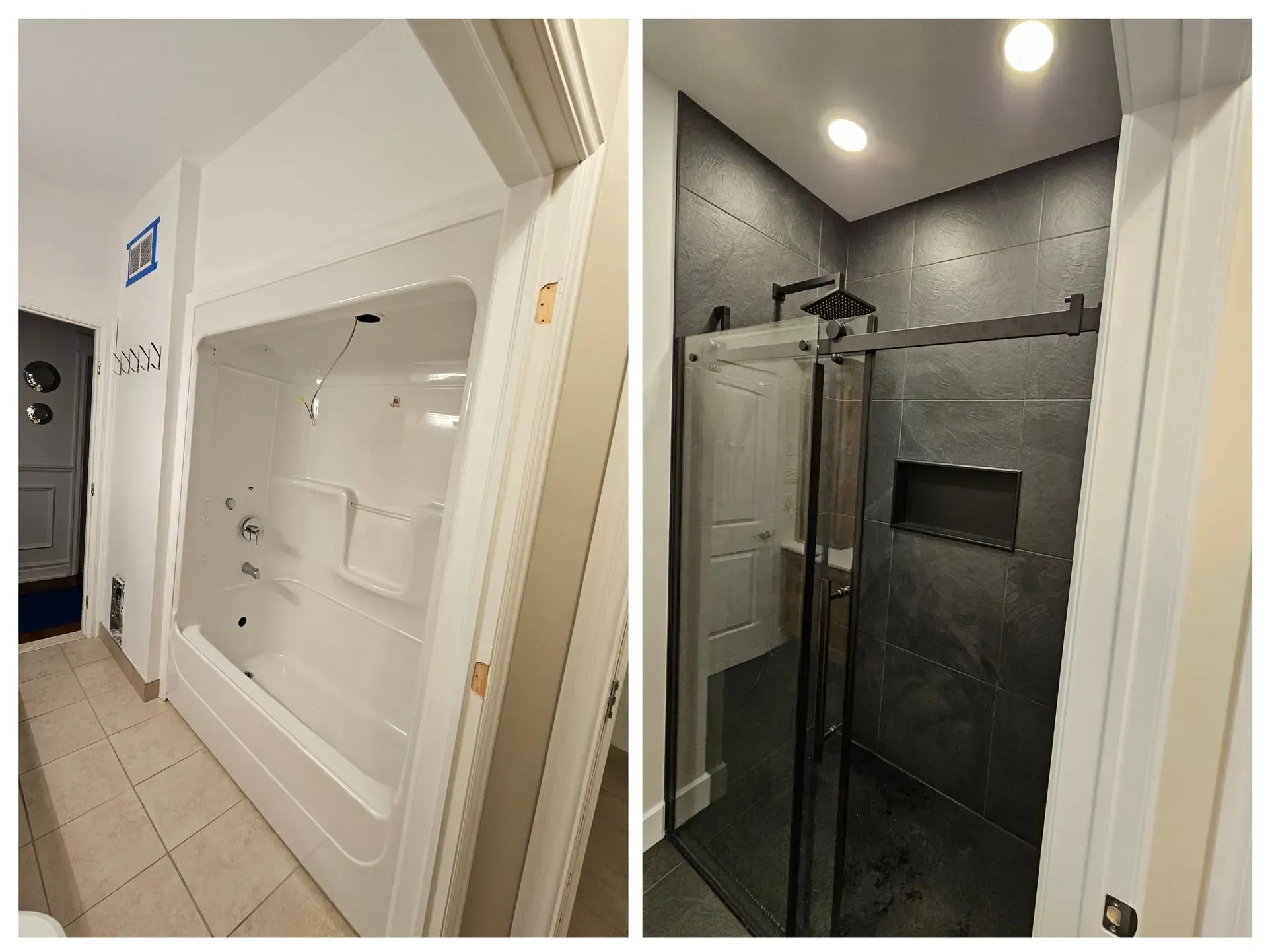 Caractéristiques de la salle de bains : baignoire blanche à gauche et douche vitrée carrelée de foncé à droite.
