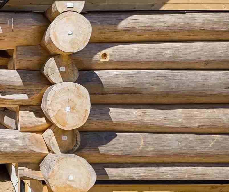 Close-up of a rustic log cabin wall with stacked round log ends and horizontal timber beams.