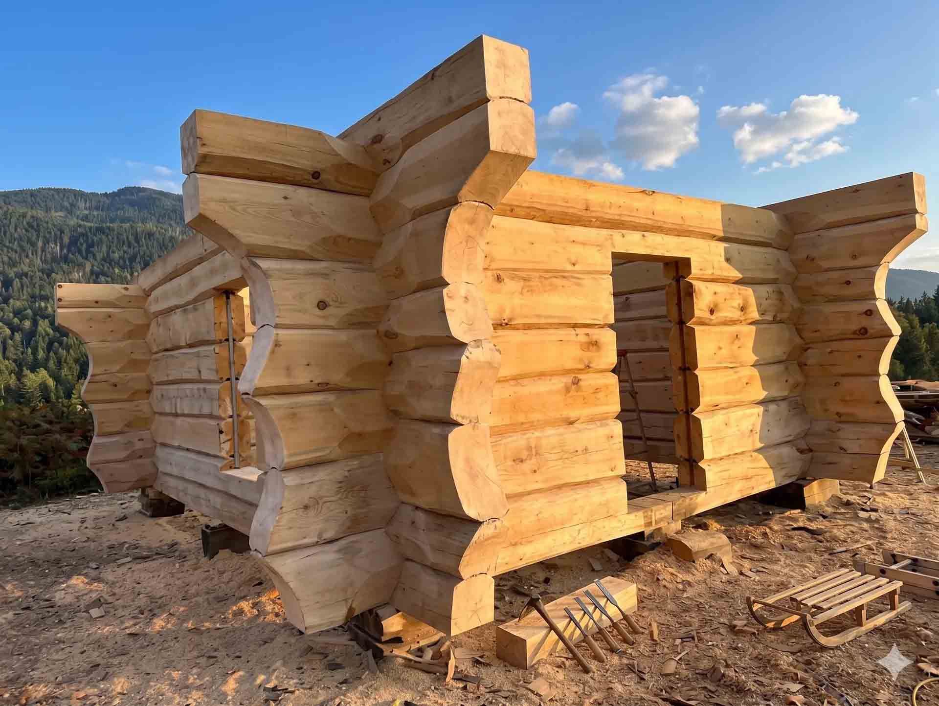 Partially built log cabin with stacked timber walls in a sunny outdoor setting