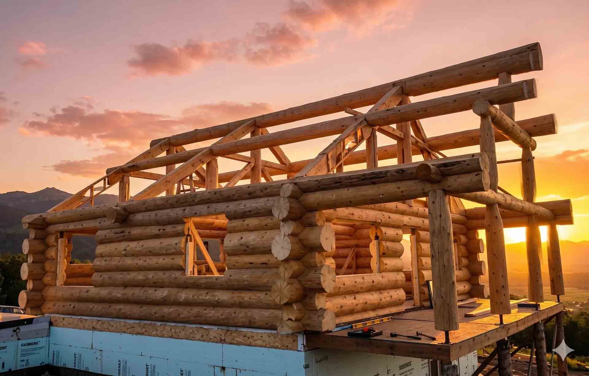 Log cabin under construction at sunset, with exposed wooden beams and warm orange light.