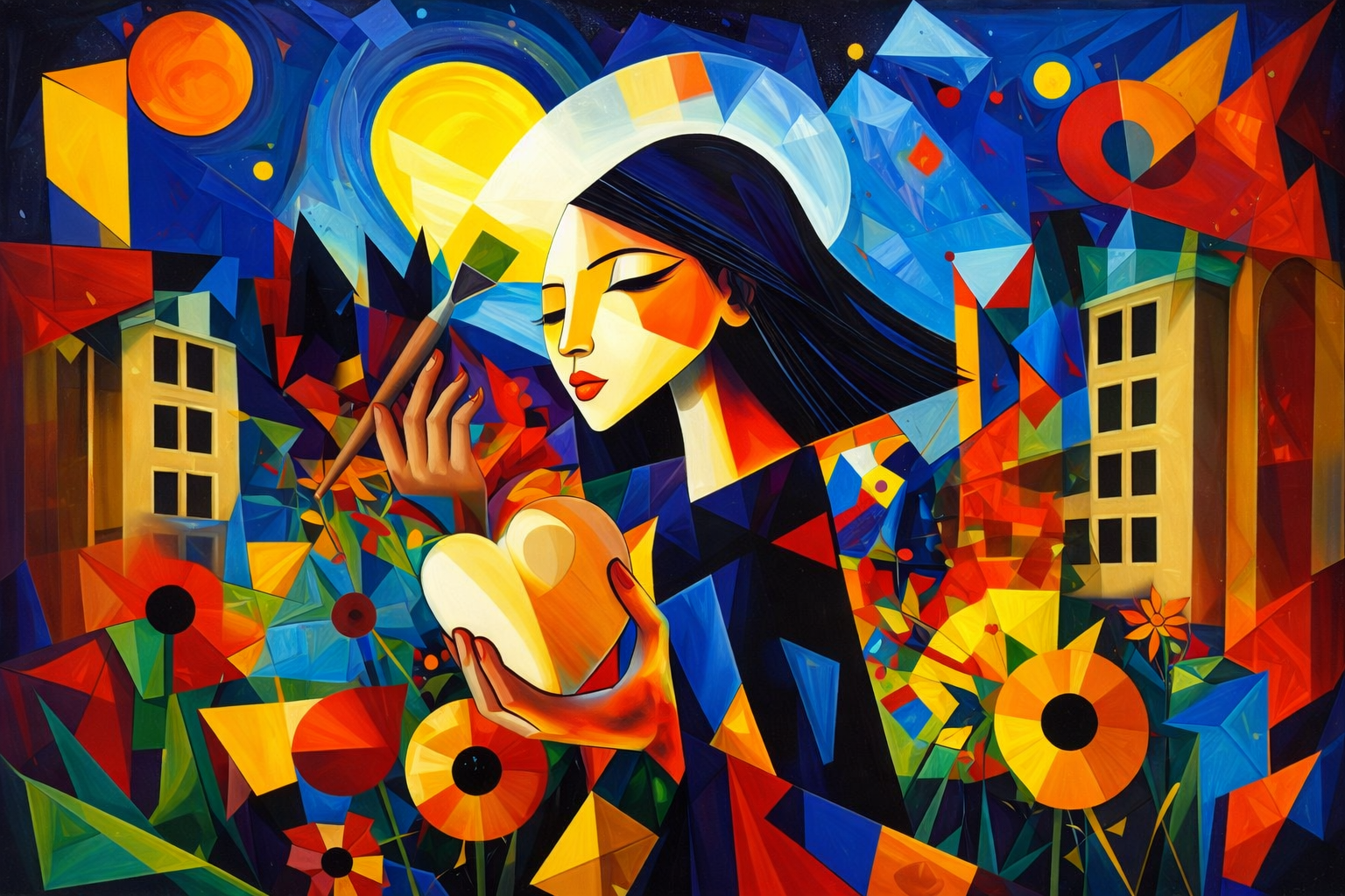 Abstract colorful mosaic of a woman in profile playing guitar, with bright geometric shapes and city buildings