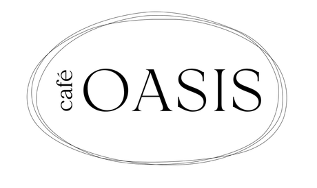 Oasis Cafe logo in black text inside a thin oval outline
