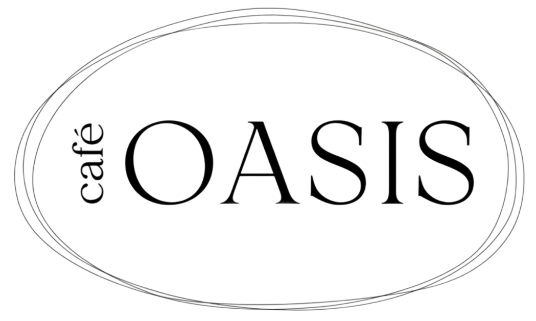 Cafe OASIS logo in black text inside a thin oval border on a white background