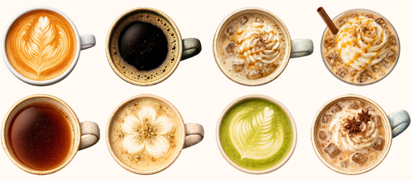 Eight top-down cups of coffee and latte art in varied colors on a white background