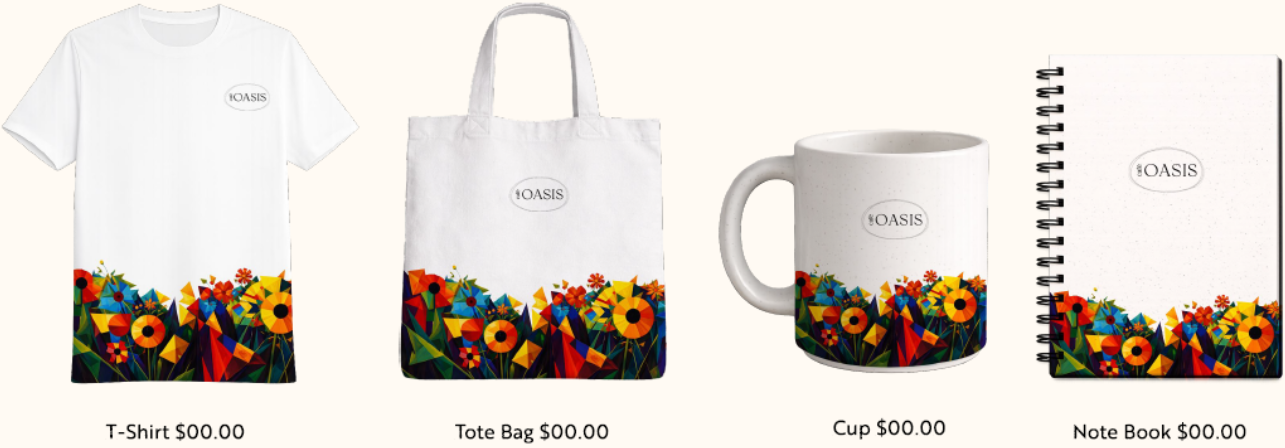 White T-shirt, tote bag, mug, and spiral notebook mockups on a light background with rainbow accents
