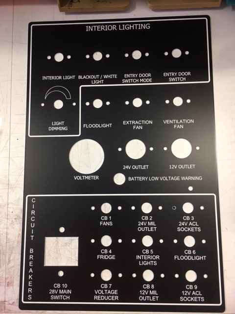 A black and white panel that says interior lighting on it