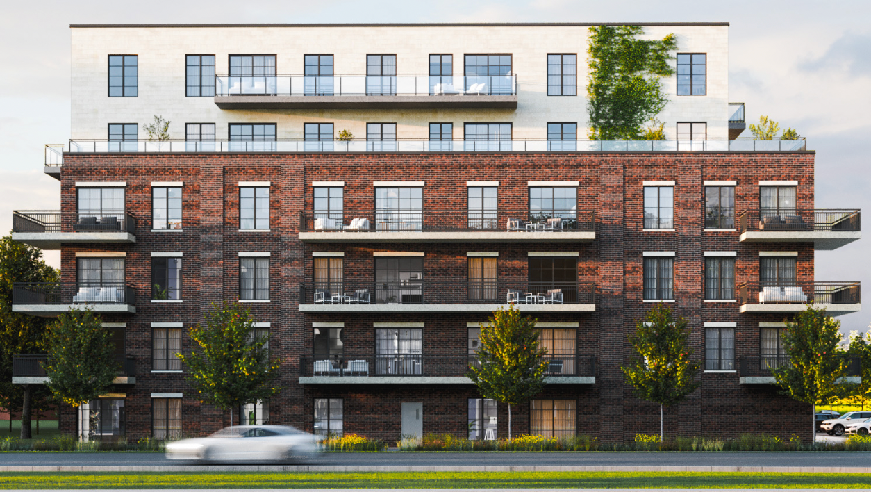 Vue d'artiste d'un immeuble d'appartements en brique avec une voiture garée devant.