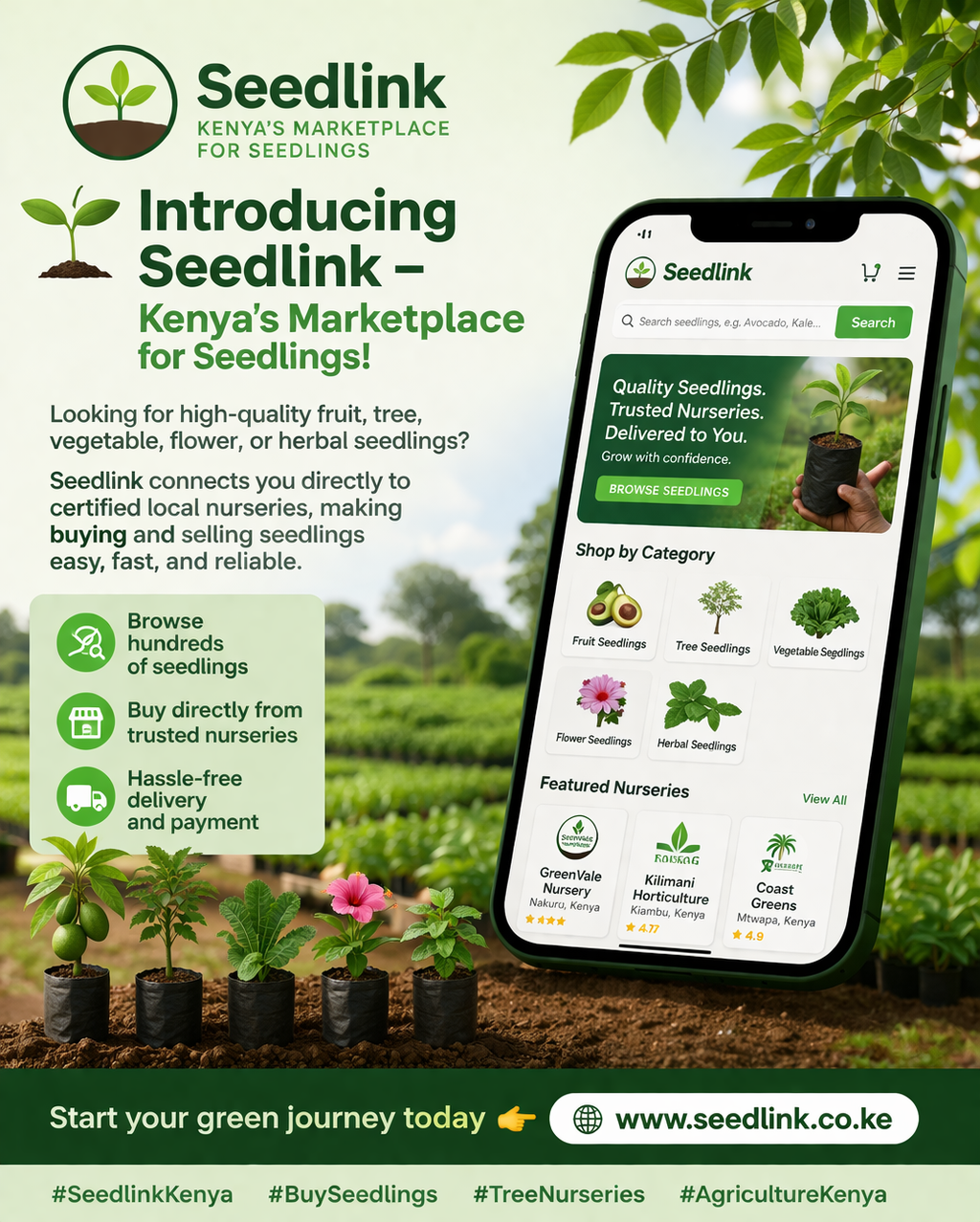 Seedlink app promo with green seedlings, phone screen, and “Introducing Seedlink” marketplace text.