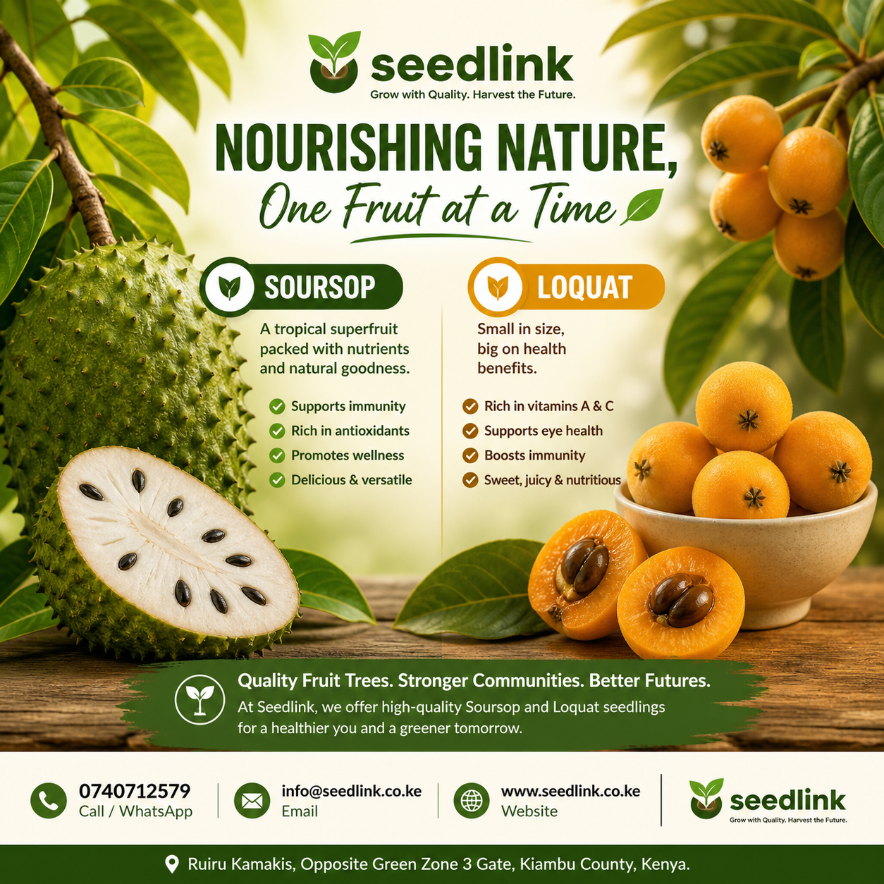 Seedlink fruit ad with soursop and loquat on a green orchard-themed background