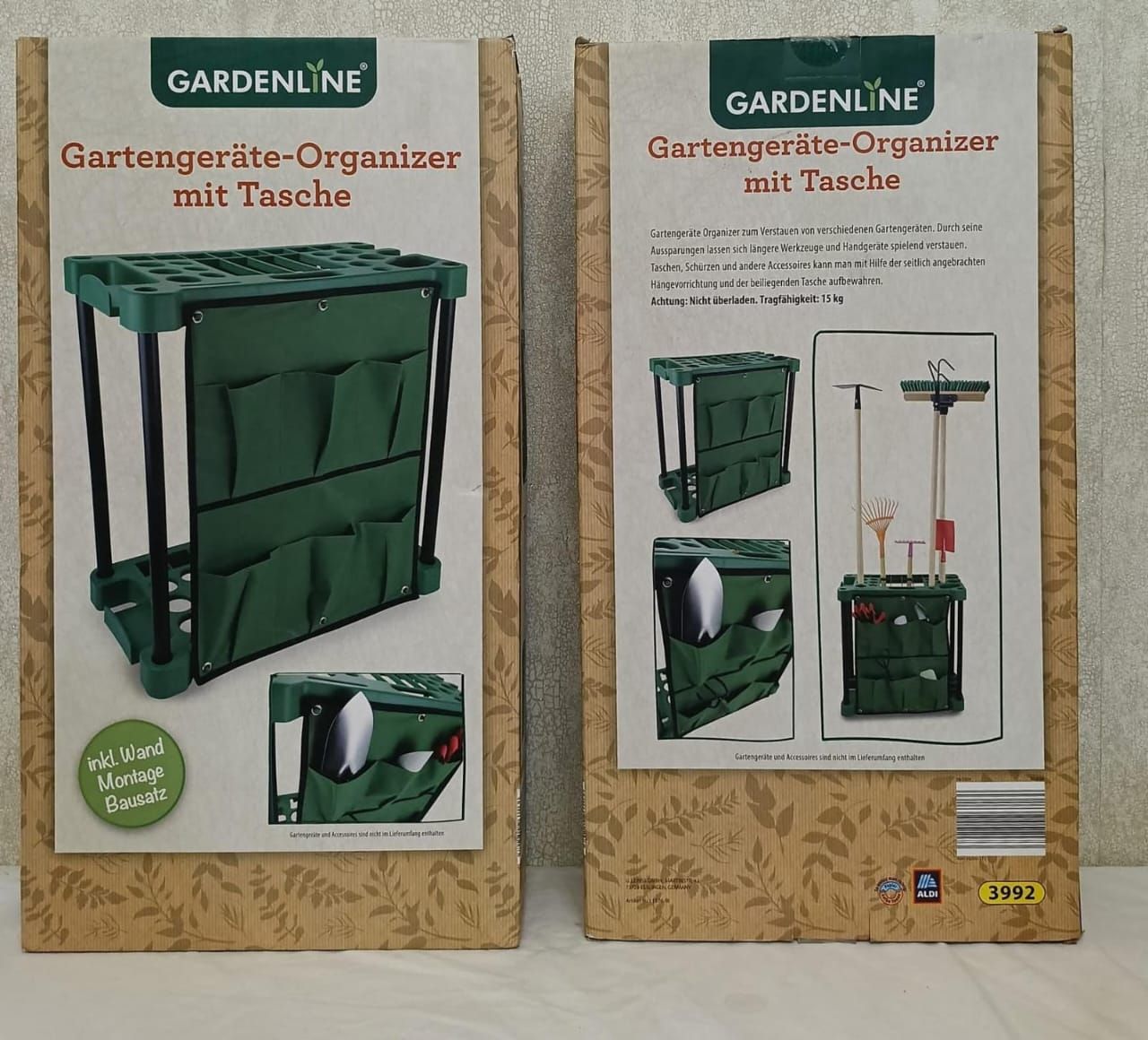 Gardening organizer with pocket shown on green box packaging, front and back views.