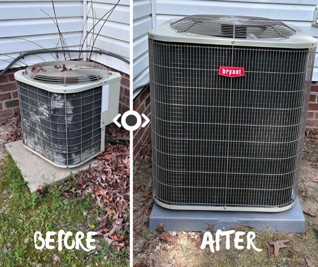 Before and after photo of an air conditioning unit. The before shows a dirty unit. The after shows a clean unit.