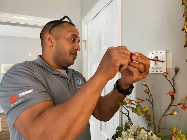 Man installing a thermostat with a screwdriver, indoors near a flowering branch.