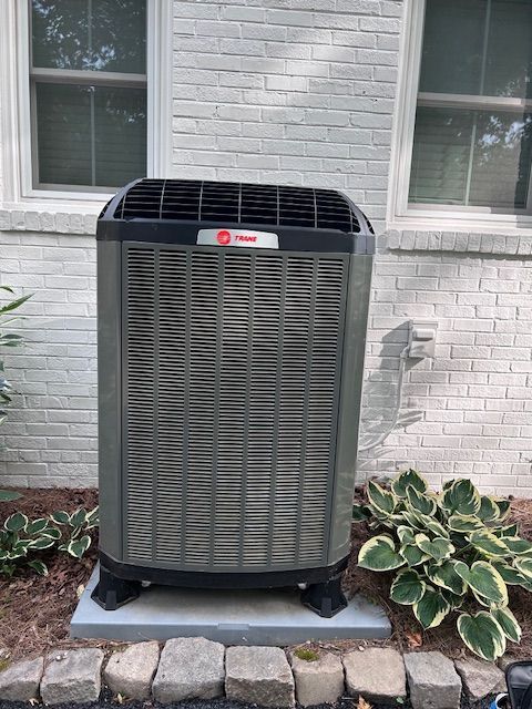 Trane air conditioning unit on concrete pad outside a brick building, with shrubs.