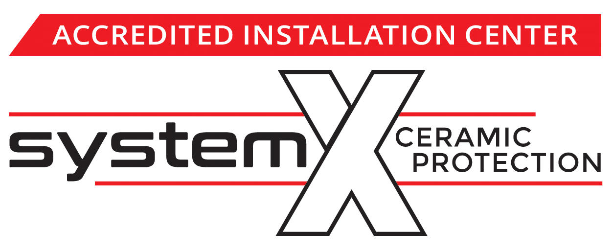 System X Ceramic Protection accredited installation center logo with red and black text on white background