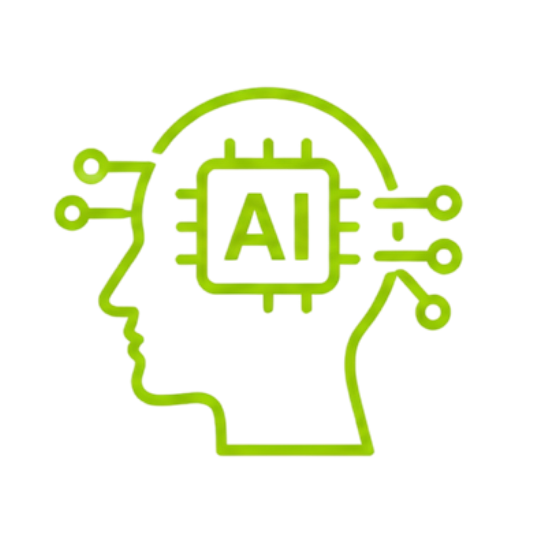 Green line icon of AI chip in a human head with circuit connections
