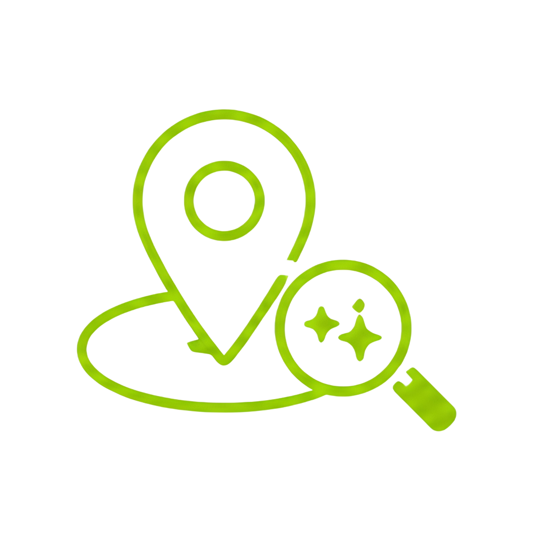 Green location pin with magnifying glass and sparkles on white background