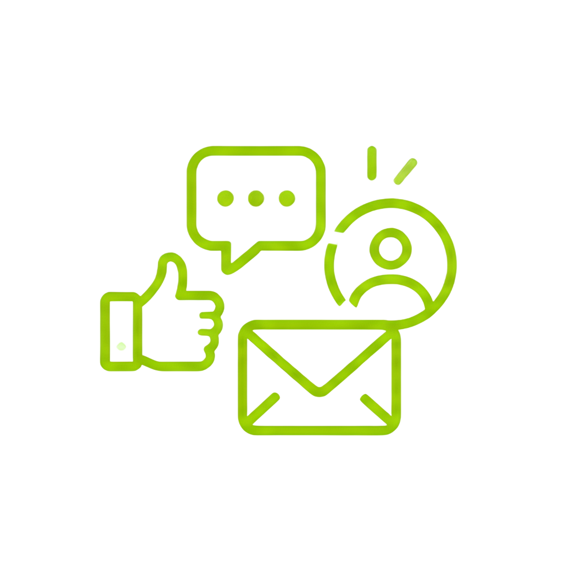 Green outline icons of chat, email, thumbs-up, and user alert symbols for communication feedback