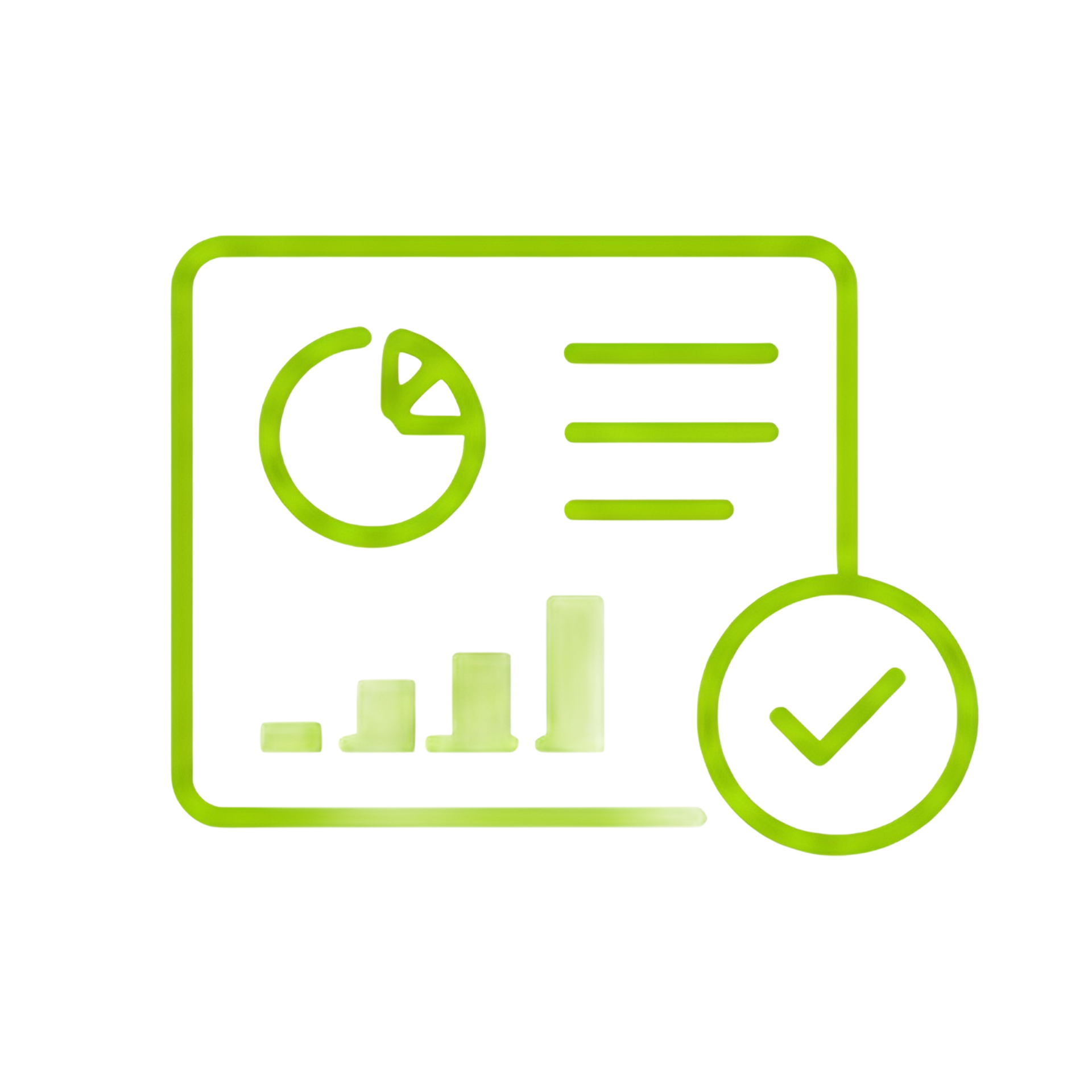 Green analytics dashboard icon with charts and a checkmark badge
