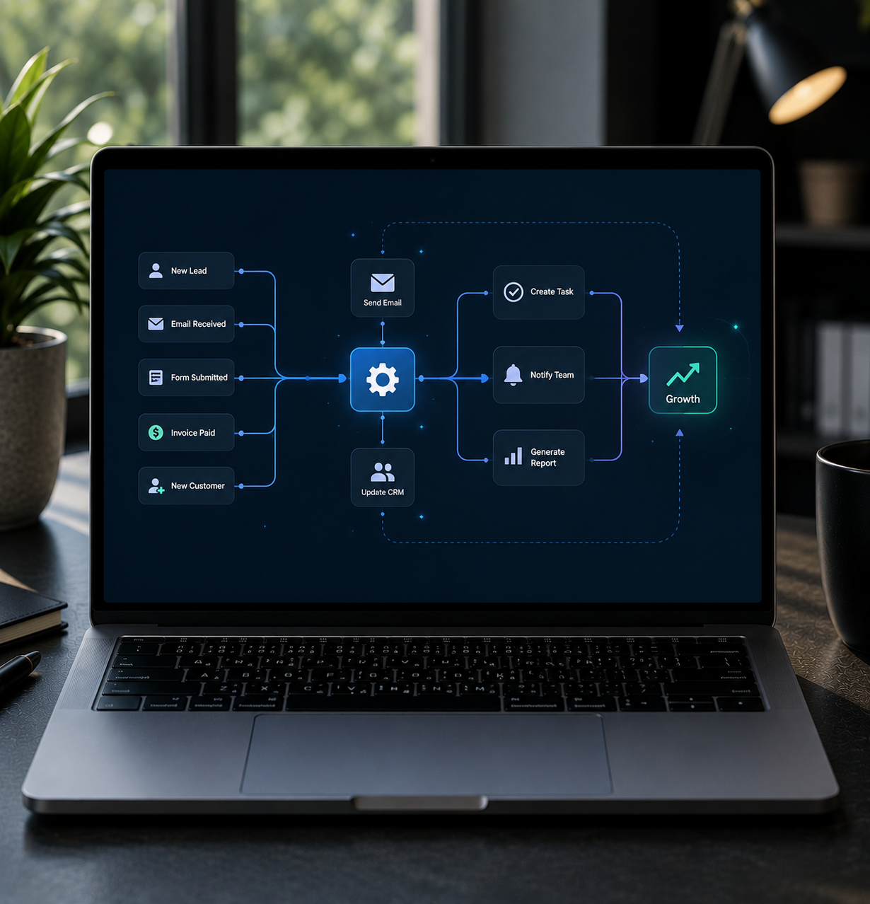 Laptop displaying a dark AI workflow dashboard with connected app icons and analytics chart