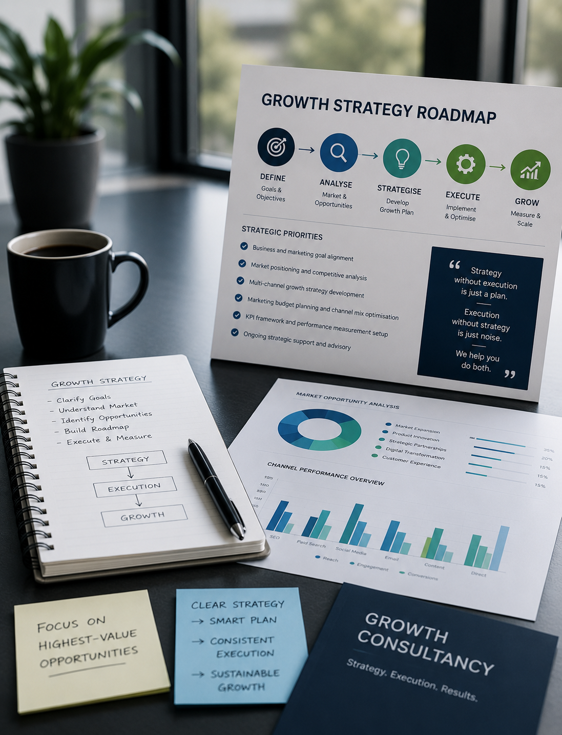 Growth strategy roadmap poster on desk with notebook, coffee mug, sticky notes, and charts.