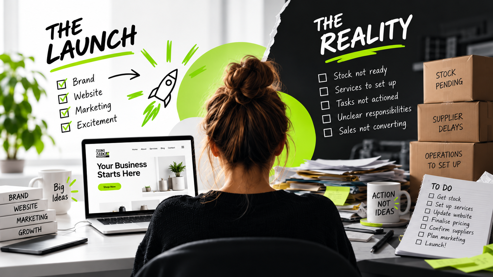 Woman at desk viewing a “launch vs reality” workspace with laptop, notes, and brainstorm sketches