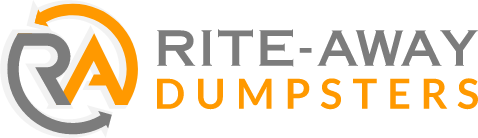 The logo for rite-away dumpsters is orange and gray.