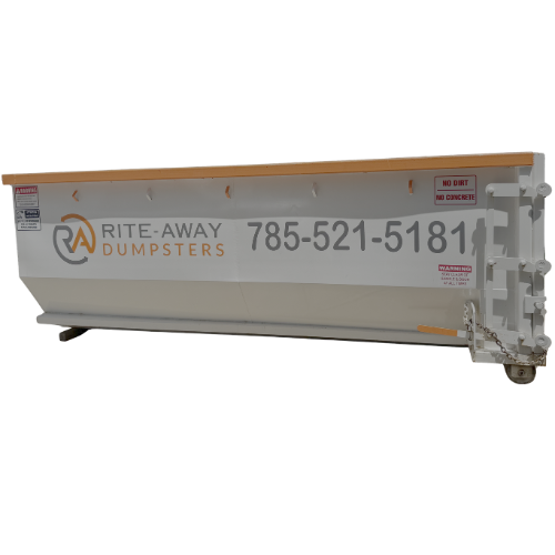 White Rite-Away Dumpster with phone number on the side.