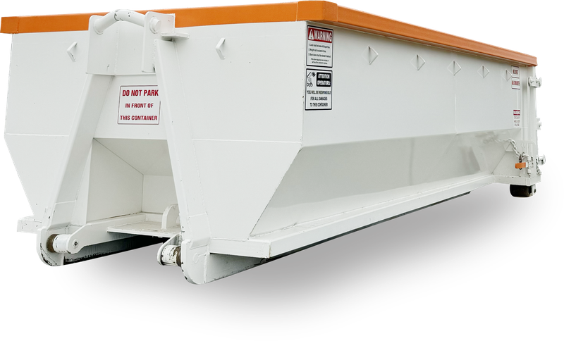 White and orange industrial dumpster with wheels, angled view.