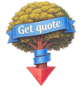 A tree with a red arrow is point down, and a blue ribbon says 