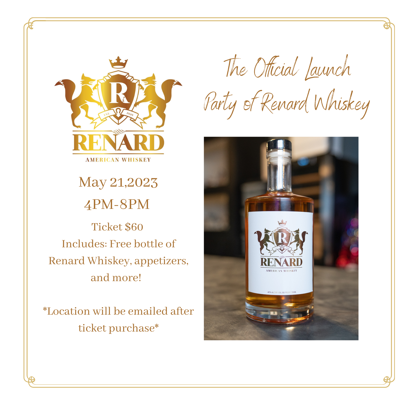 A poster for the official launch party of renard whiskey