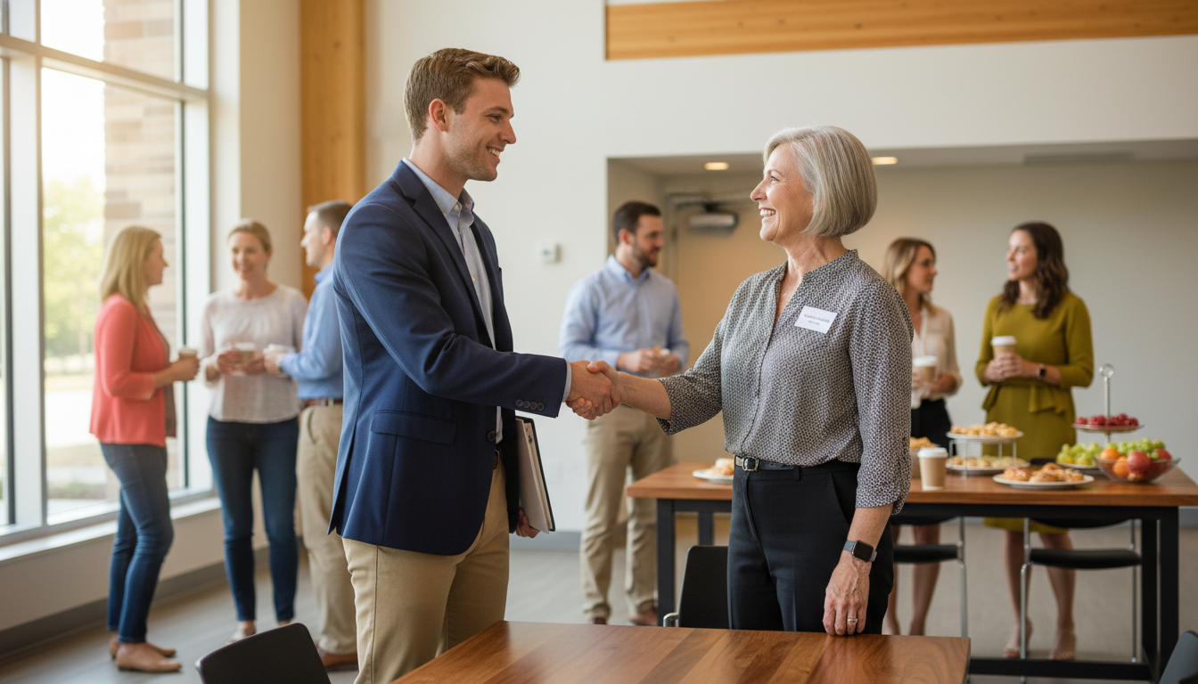 Man and woman shaking hands at an event, smiling, with others in the background near windows.