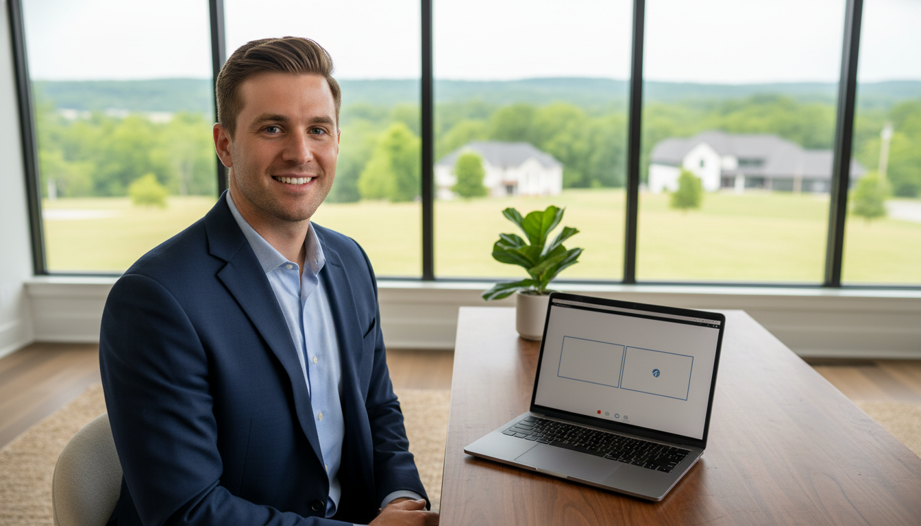 Man in blazer smiling at camera, sitting at desk with laptop in front of window overlooking houses and greenery.
