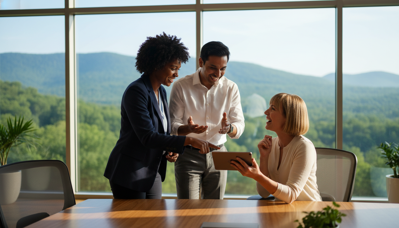 Three people reviewing a tablet in an office with mountain views.