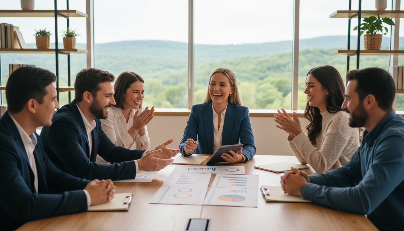 Business team laughing and applauding around a conference table in an office setting.
