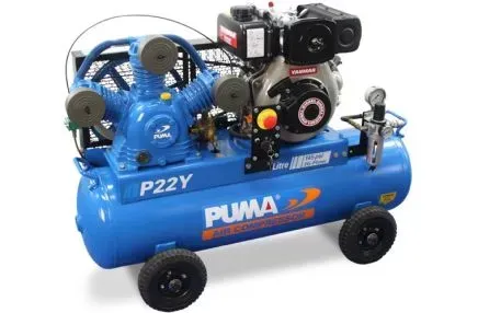A blue P22Y air compressor with a diesel engine attached to it