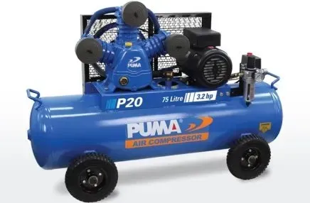 A blue P20 puma air compressor with wheels on a white background