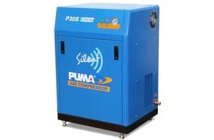 A blue P30S puma air compressor is sitting on a white surface.