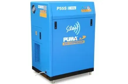 A blue P55S puma air compressor is sitting on a white surface.