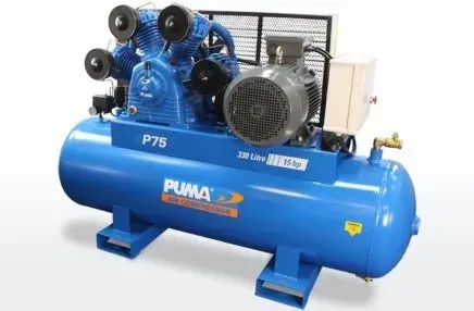 A blue P75 air compressor is sitting on a white surface.