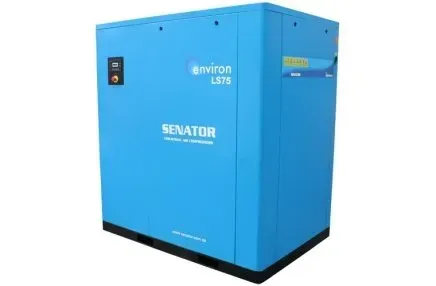 A blue LS75 air compressor is sitting on a white surface.
