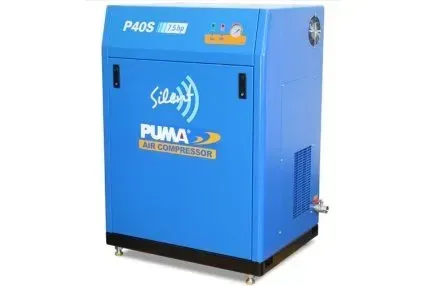 A blue P40S puma air compressor is sitting on a white surface.
