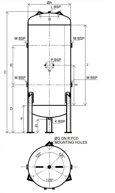 A black and white drawing of a tank with measurements.
